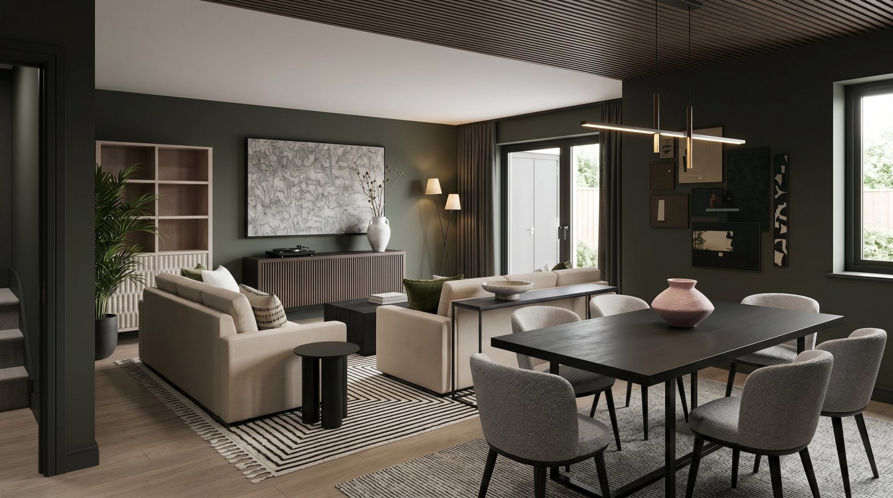 Living and dining room with dark green walls and slatted timber ceiling