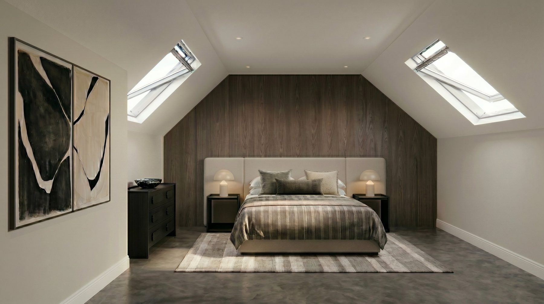 Second-floor bedroom under the roof with rooflights and timber-panelled wall