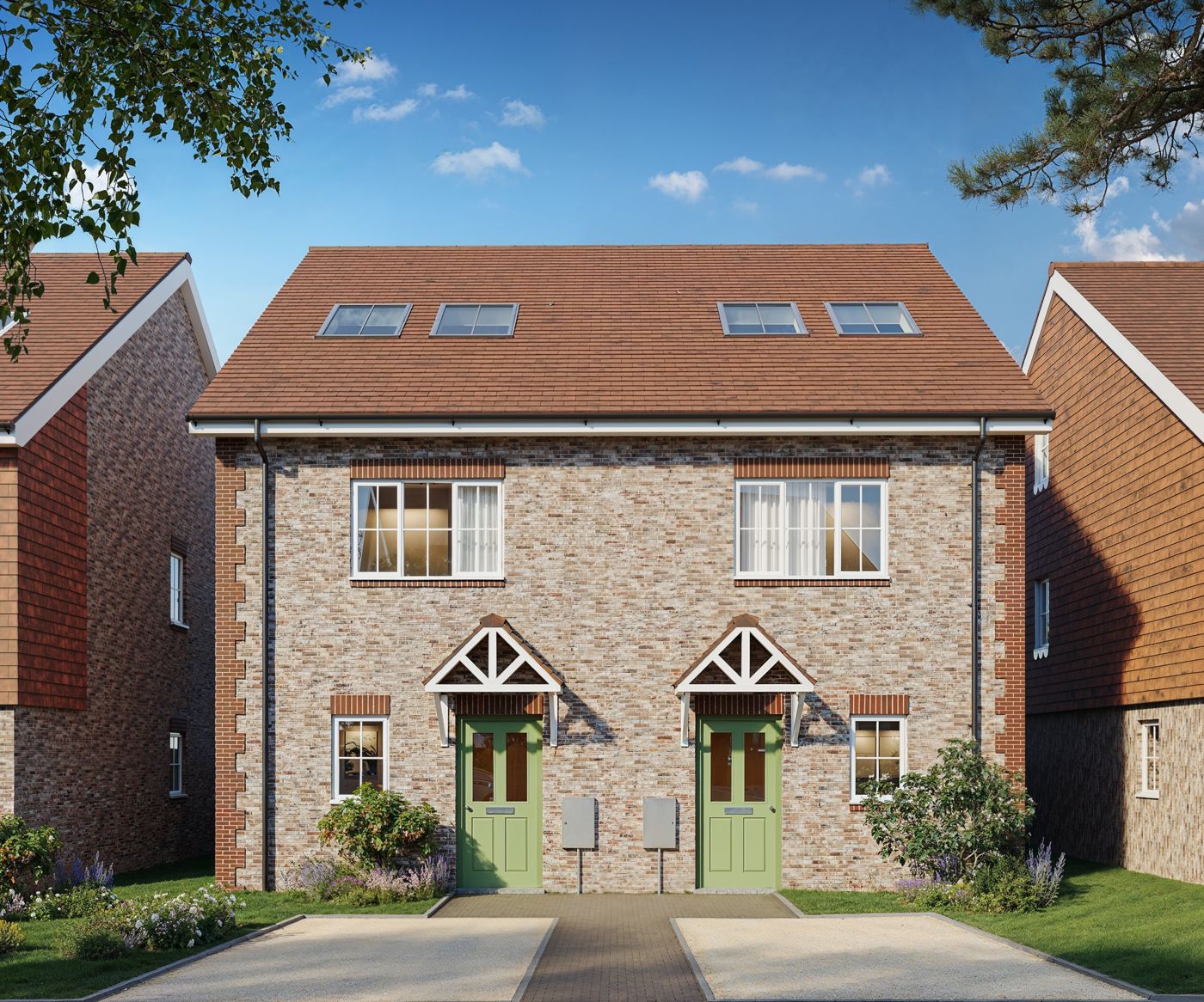 Brick semi-detached pair with gabled porches