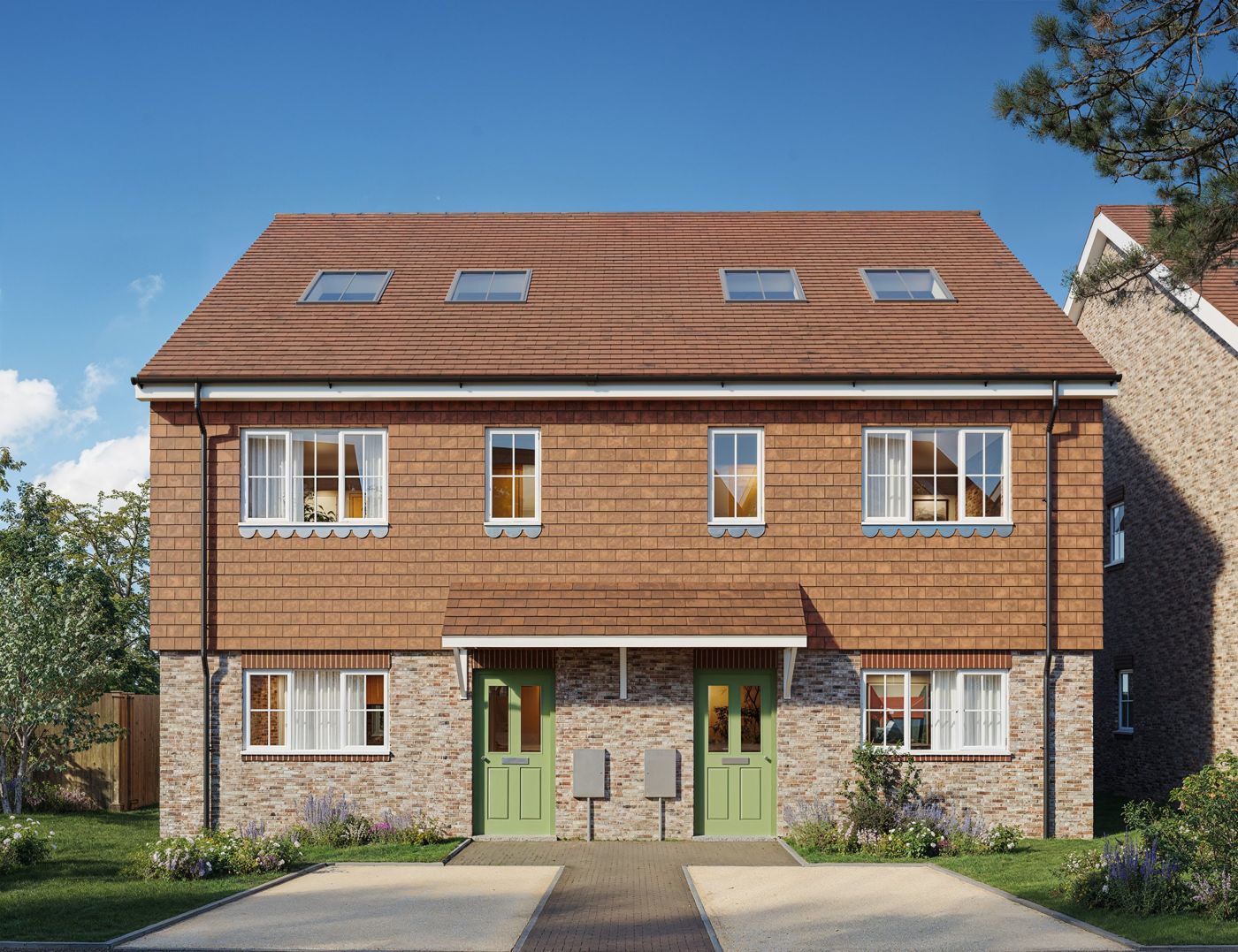 Tile-hung semi-detached pair with shared canopy