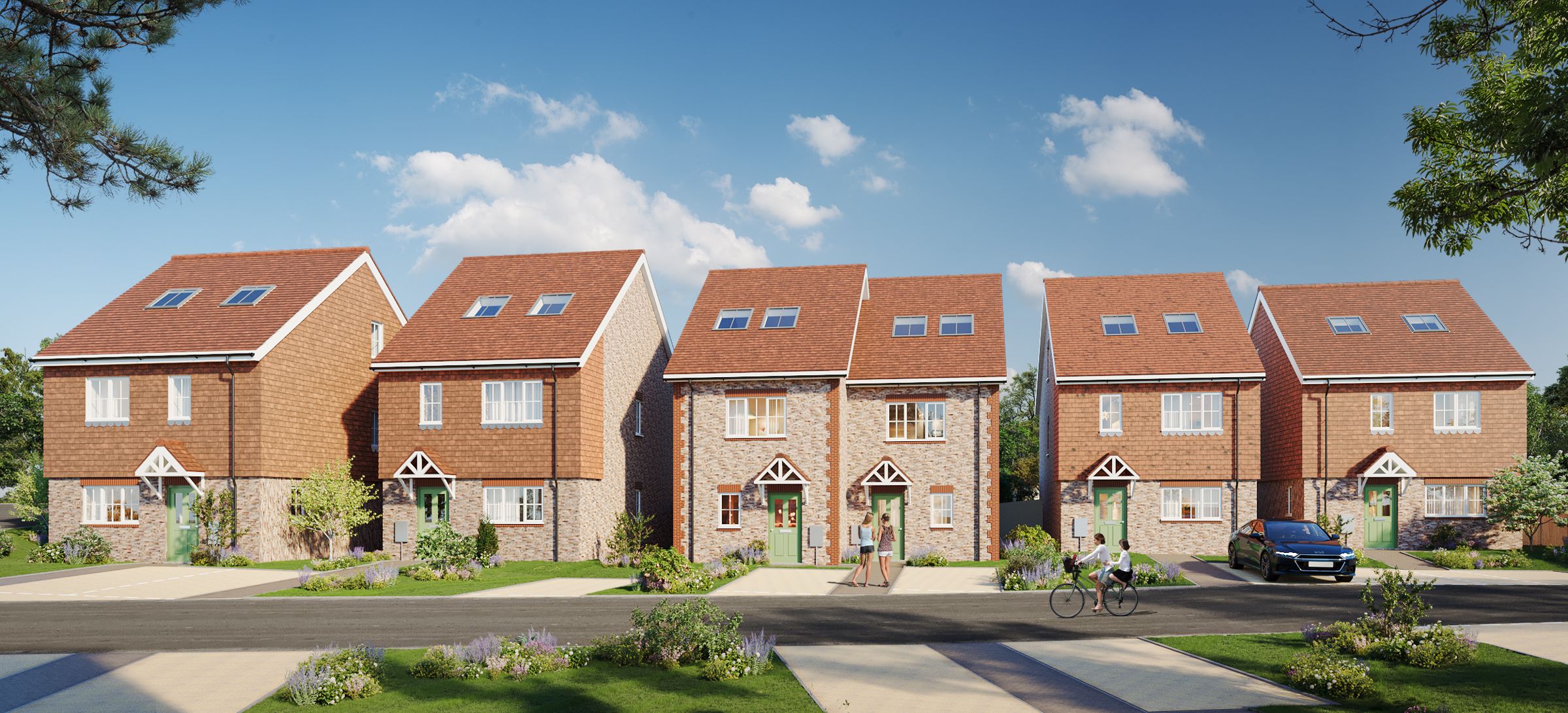 Street view of Tower Mill Place: tile-hung and brick three-storey homes with green front doors